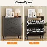 Homleke 32" W Farmhouse Shoe Storage Cabinet with 2 Flip Drawers and Barn Door Design, Adjustable Shelves, Modern Hidden Slim Narrow Shoe Rack Cabinet for Entryway, Foyer, Hallway, Living Room, Black Homleke