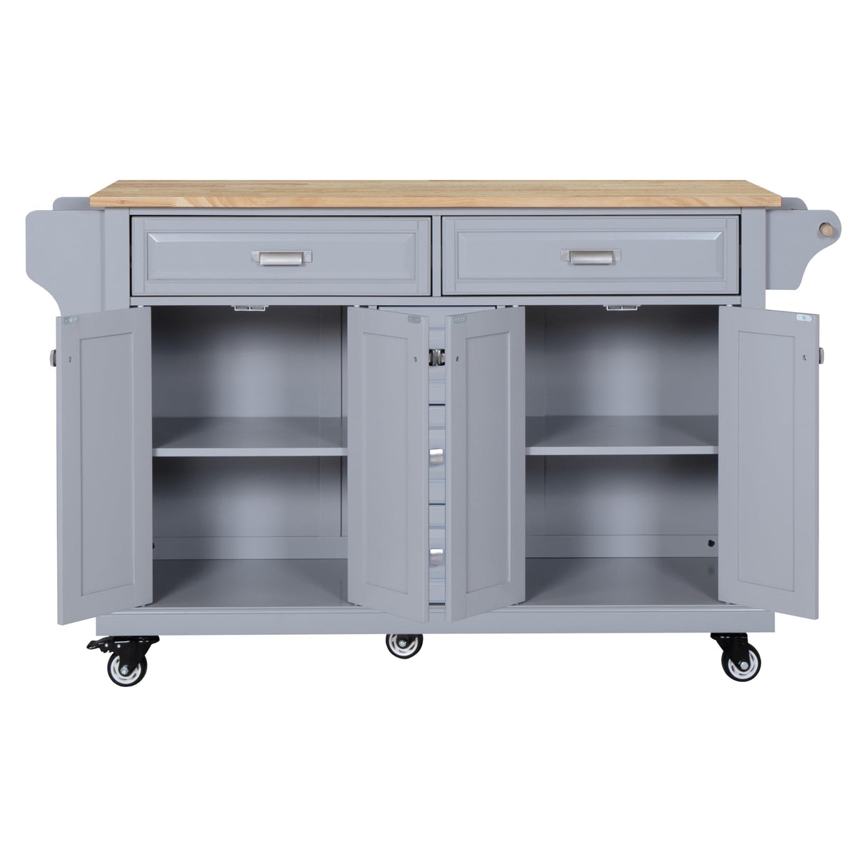 Generic 60.5"" Kitchen Island on Wheels, Rolling Island Table for Kitchen with Double Storage Cabinet and 5 Drawers, Portable Kitchen Cart with Rubber Wood Top, Grey, Large Generic