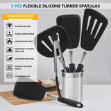 Silicone Flexible Turner Spatula Set, 5-Piece Heat Resistant Flexible Rubber Spatulas,Silicone Cooking Utensil Set,Non Stick Rubber Kitchen Utensils for Cooking Fish, Steak,Eggs, Pancakes CGSGDK