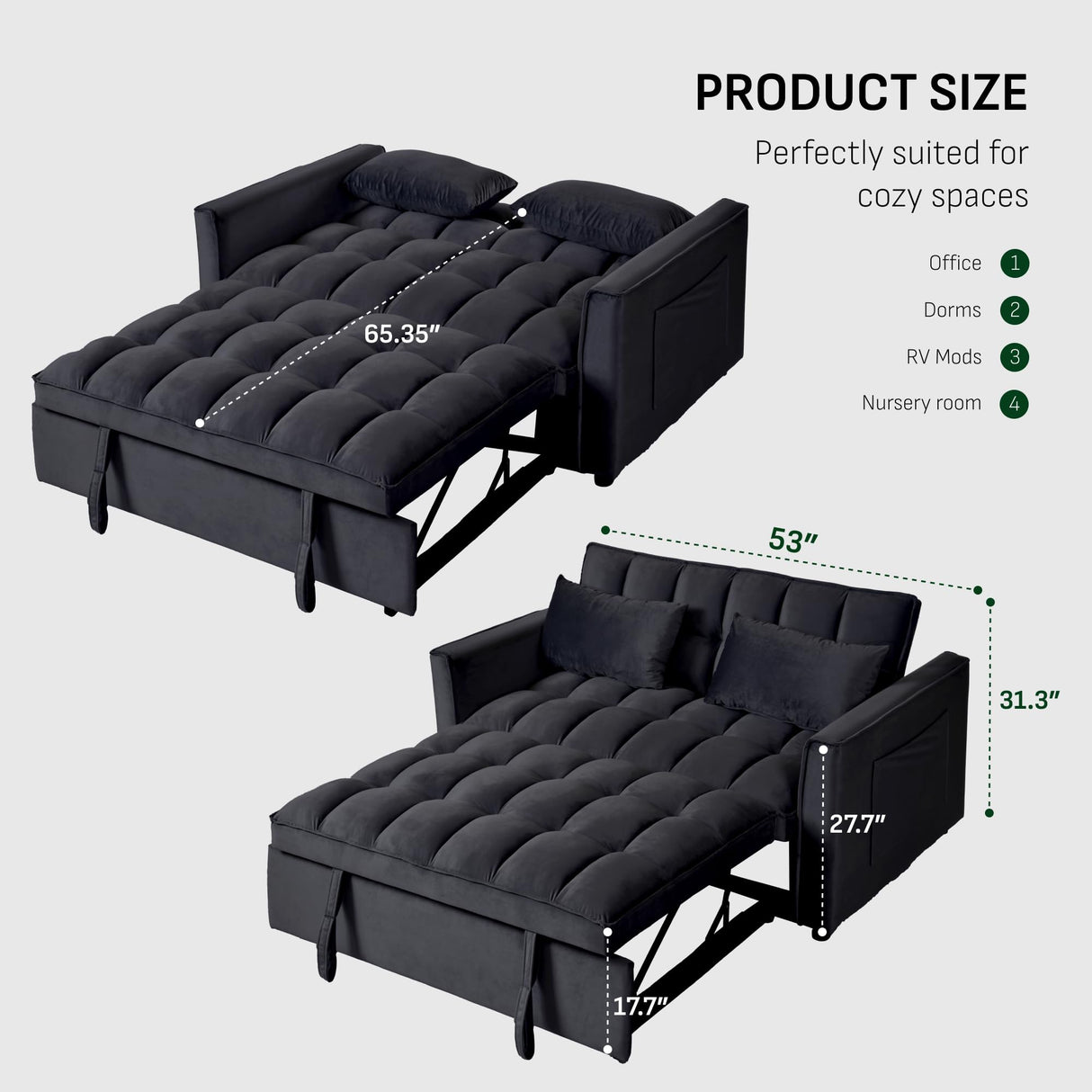 FLEXISPOT XCT4 Convertible Sofa Bed, 3-in-1 Loveseat Sofa Couch with Adjustable Backrest, Pull Out Couch with 2 Pillows & 2 Side Pockets, Futon Sleeper for Dorms Apartment Living Room, Black FLEXISPOT