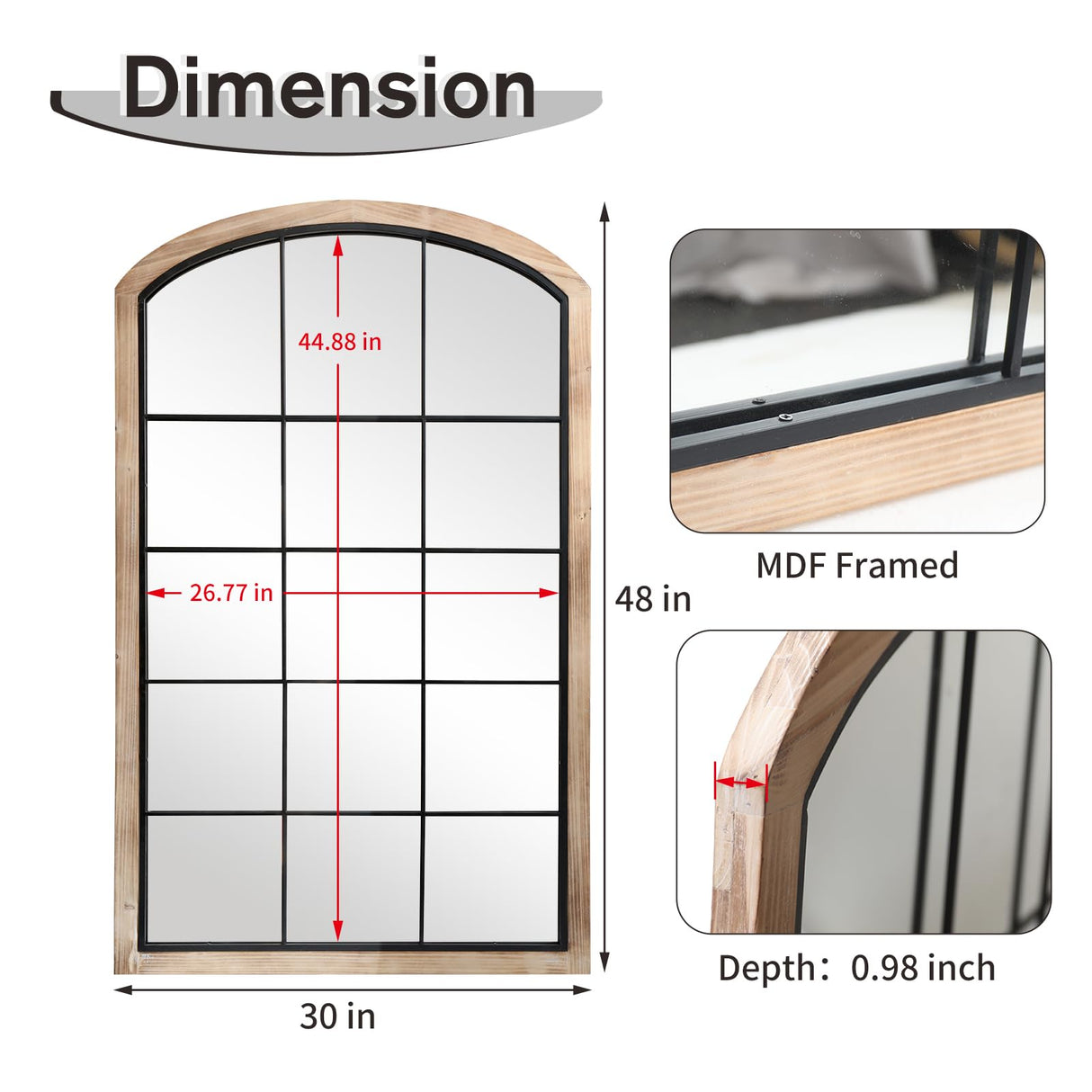 IPOUF Arch Window Mirror, 30X48 Farmhouse Arch Wall Mirror, Wood Framed Rustic Mirror Metal Inner Frame Mirror Decorative for Entryway & Living Room,Natural IPOUF