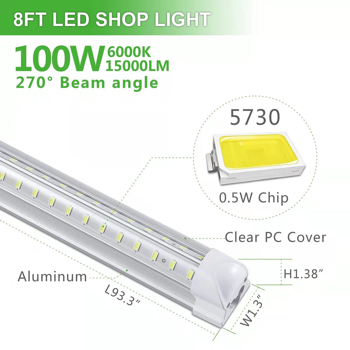 Skymoatled 8Pack 8FT LED Shop Light Garage Light,100W 6000K White Light 15000LM Super Bright,Hanging/Surface Mount,Linkable T8 LED Tube Lights for Garage,Warehouse, Workshop,Plug and Play Skymoatled