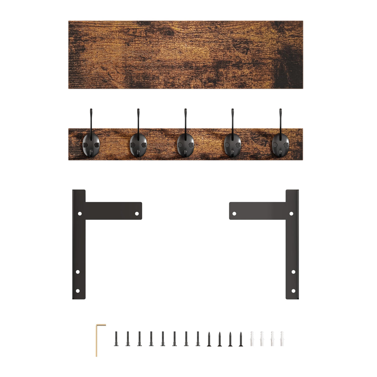 FNBAR Wall Hooks with Shelf, Wood Coat Rack with Shelf Wall-Mounted, Entryway Hanging Shelves with 5 Metal Hooks for Clothes Hats Towel Purse Robes, Bathroom Mudroom Bedroom, Rustic Brown FNBAR