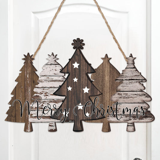 Soaoo Rustic Christmas Door Sign Decor Wooden Farmhouse Christmas Tree Hanging Sign Vintage Xmas Front Door Decor Wood Welcome Sign Christmas Tree Door Hanger for Home Wall Indoor Outdoor Decoration