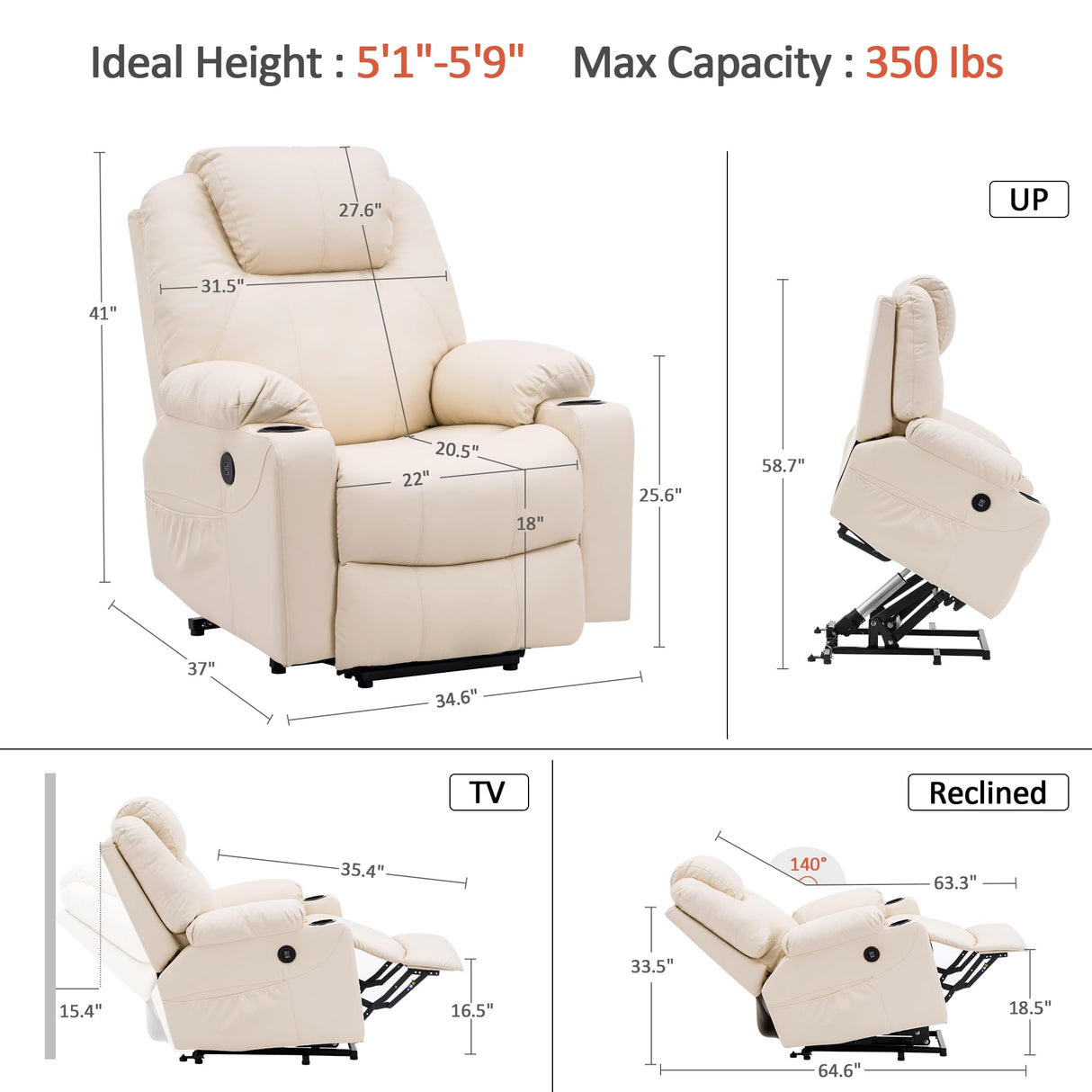 MCombo Power Lift Recliner Chair for Elderly, Lift Chair with Heat and Massage, FSC Certified, USB Ports, Cup Holders, Faux Leather 7040 (Cream White, Medium) MCombo