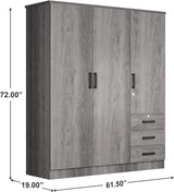 61" Wide Large Wardrobe Closet 3 Doors and 3 Drawers (Grey) Woodpeckers Furniture And Mattress