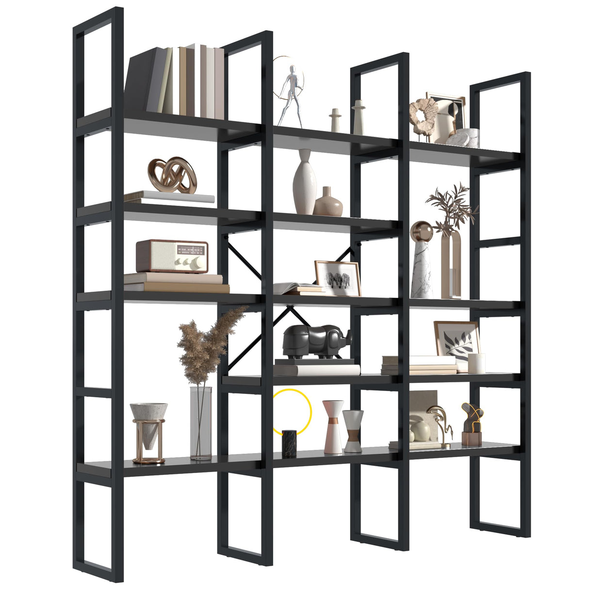 Jehiatek Large Bookshelf 5 Tiers, Triple Wide Geometric Bookcase, 71 Inches Tall Industrial Book Shelves Etagere Book Case, Sturdy Metal Frame, Freestanding Display Shelving Unit, Black Jehiatek