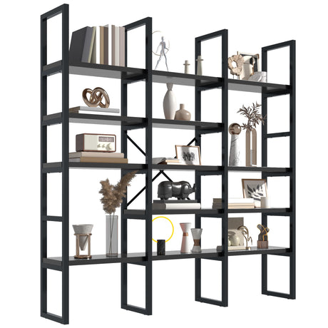 Jehiatek Large Bookshelf 5 Tiers, Triple Wide Geometric Bookcase, 71 Inches Tall Industrial Book Shelves Etagere Book Case, Sturdy Metal Frame, Freestanding Display Shelving Unit, Black Jehiatek