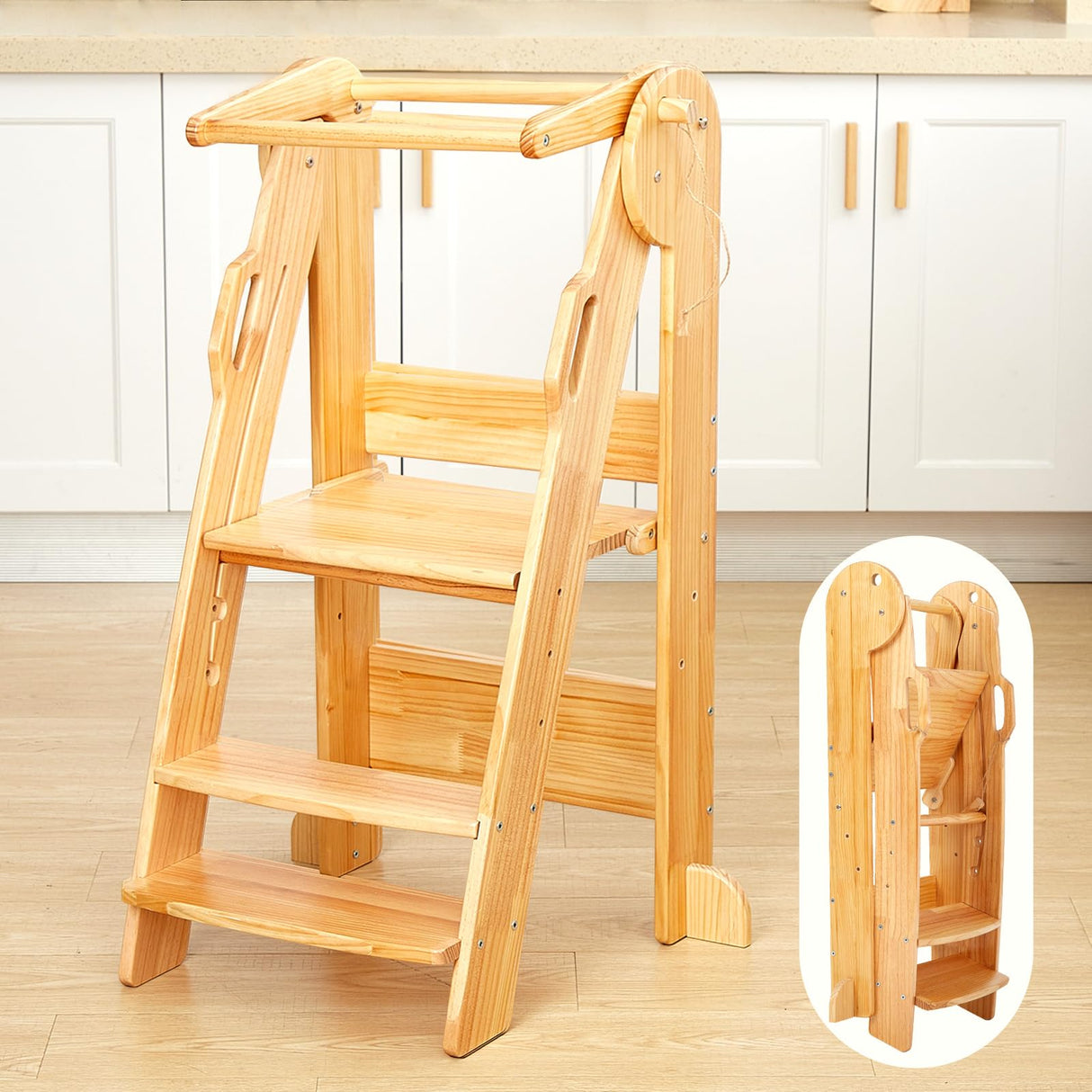 FUNLIO Foldable Kitchen Step Stool with Safety Rails, 3-Level Height Adjustable Toddler Tower for Kids 2-6 Years, Montessori Child Standing Tower for Learning, Easy to Assemble, CPC Approved - Natural FUNLIO