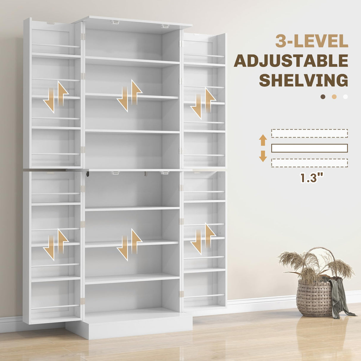 HOMCOM 65" Kitchen Pantry Cabinet, Modern Storage Cabinet with Doors and Shelves, Freestanding Cupboard for Dining Room, White HOMCOM