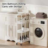 DGSNADGO Slim Rolling Storage Cart, 4-Tier Kitchen Cart on Wheels, Narrow Utility Cart with Handle and Wooden Tabletop for Small Space in Kitchen, Living Room, Bathroom, Laundry Room, Beige and White DGSANDGO