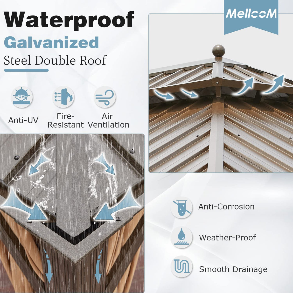 MELLCOM 12' x 16' Hardtop Gazebo, Galvanized Steel Metal Double Roof Aluminum Gazebo with Curtains and Netting, Brown Permanent Pavilion Gazebo with Frame for Patios, Gardens, Lawns MELLCOM