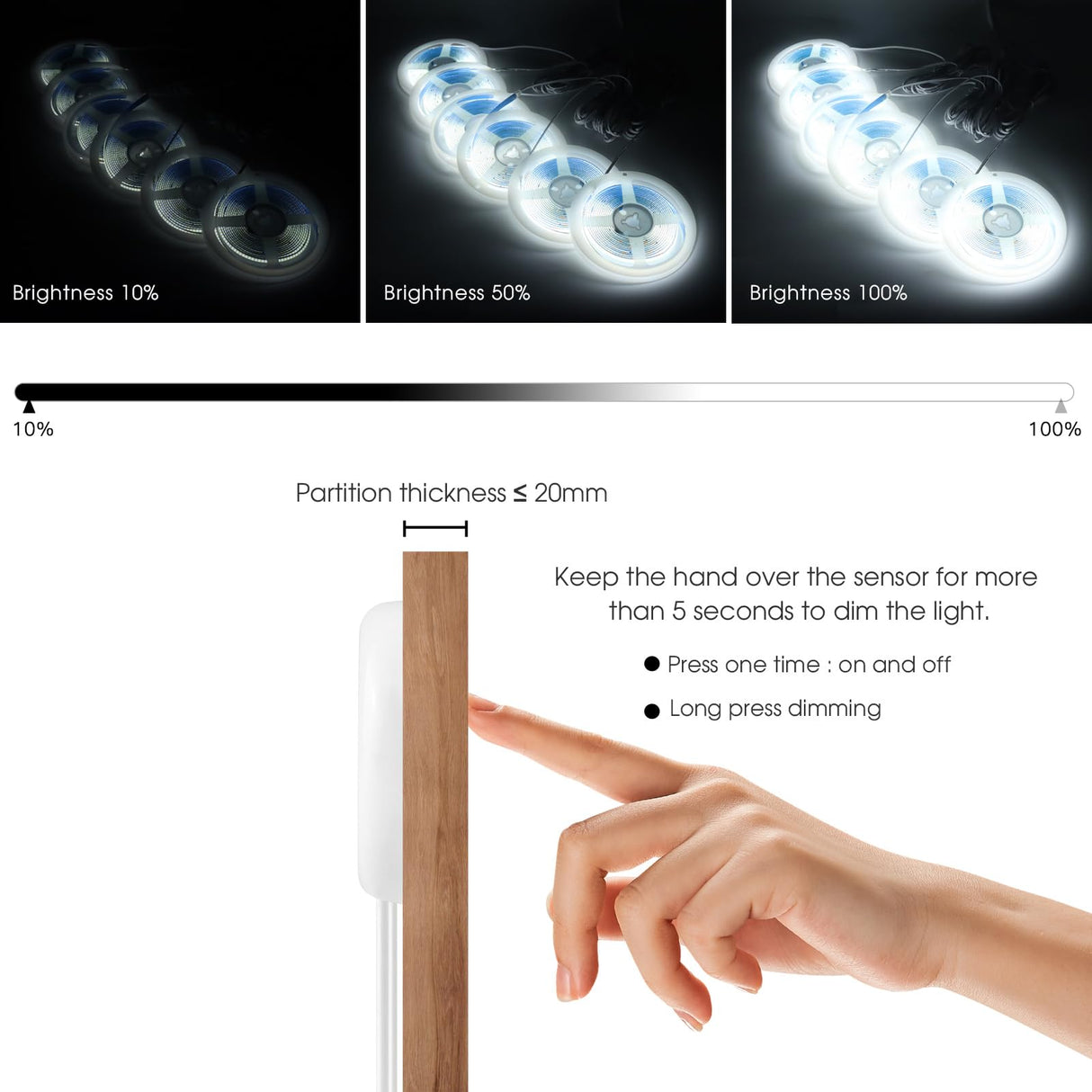 Under Cabinet COB LED Light Strip Kit,12V 6 Rolls 3.3FT White COB LED Strip Lights with Penetrable Wooden Board Hidden Touch Sensor Switch for DIY Kitchen,Wardrobe,Shelf,Display Cabinet Ligting Living Amazy