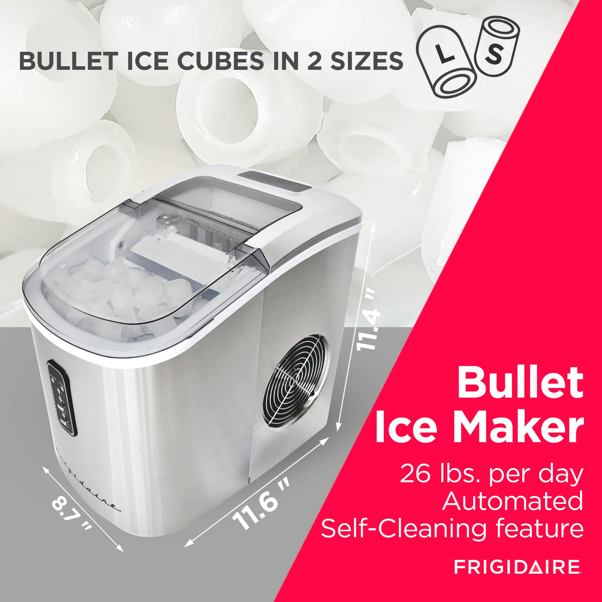 Frigidaire EFIC103-AMZ-SC Counter Top Maker with Over-Sized Ice Bucket, Stainless Steel, Self Cleaning Function, Heavy Duty, Stainless Frigidaire