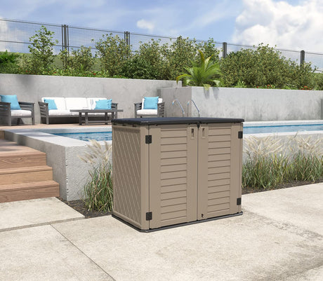 KINYING Outdoor Storage Shed - Horizontal Storage Box Waterproof for Garden, Patios, Backyards, Multi-Opening Door for Easy Storage of Garbage Cans, Tools, Lawn Mower, 26 Cubic Feet,Brown KINYING