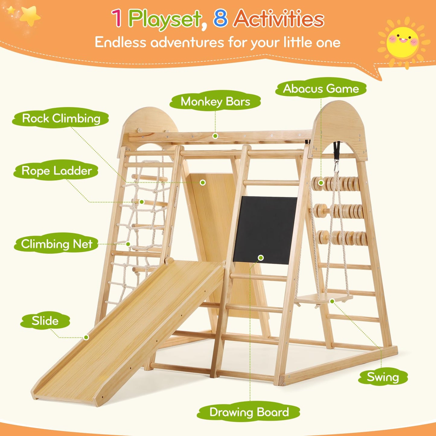 Indoor Jungle Gym, Toddler Climbing Toys Indoor, 8 in 1 Indoor Playground Climbing Toys for Toddlers with Swing Slide Ladder Monkey Bars Playground