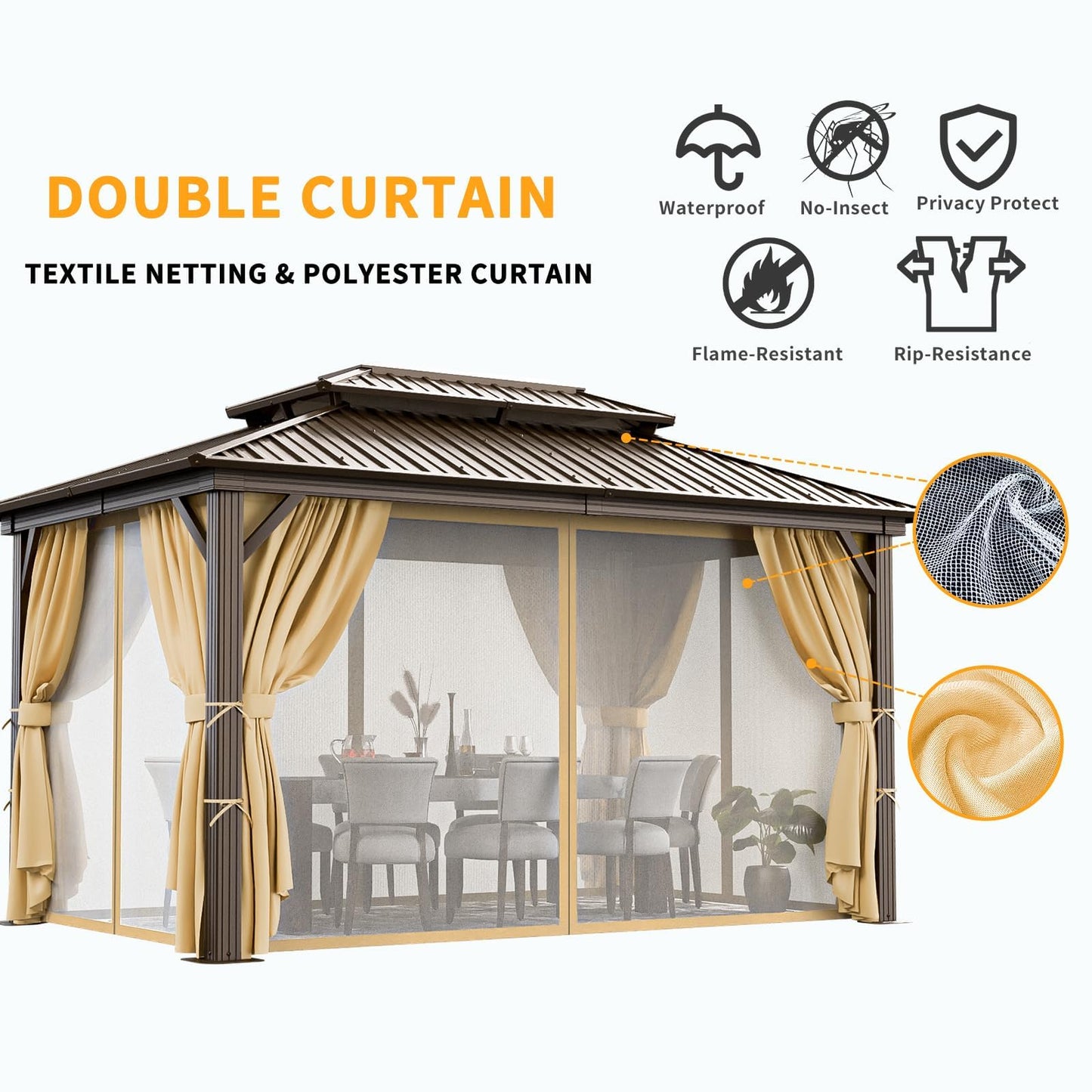 HOTEEL 10x12 Hardtop Gazebo with Heavy Duty Galvanized Steel Double Roof, Aluminum Frame, Flame-Resistant Curtains and Netting, Outdoor Gazebo Permanent Gazebo for Backyard, Brown (Upgraded 2 - WoodArtSupply