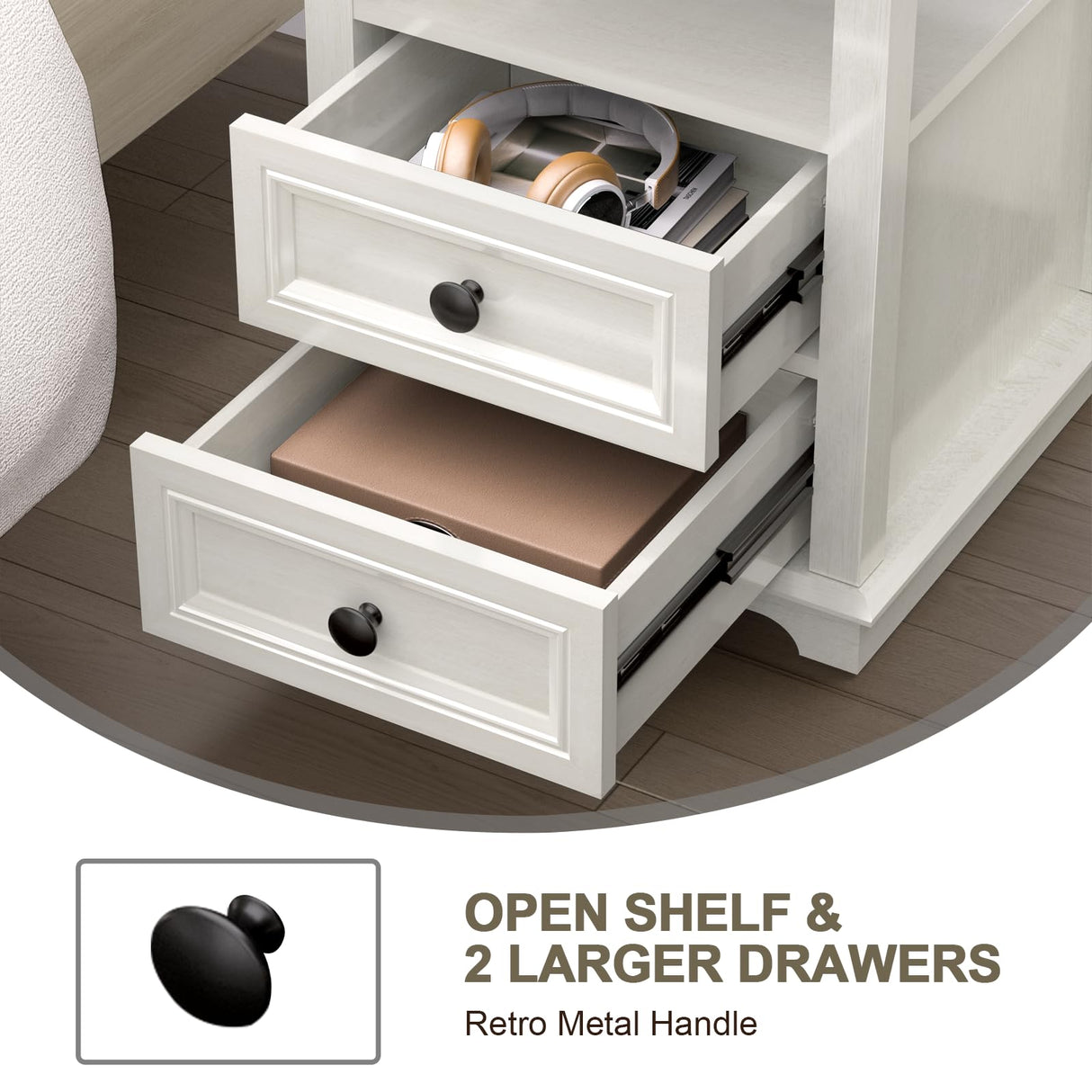 REDAYFUR End Table with Fast USB C Charging Station, 24” Tall Sofa Side Table with 2 Drawers, Large Storage Rustic Wood Square Storage Cabinet for Living Room,Bedroom,Office, White REDAYFUR