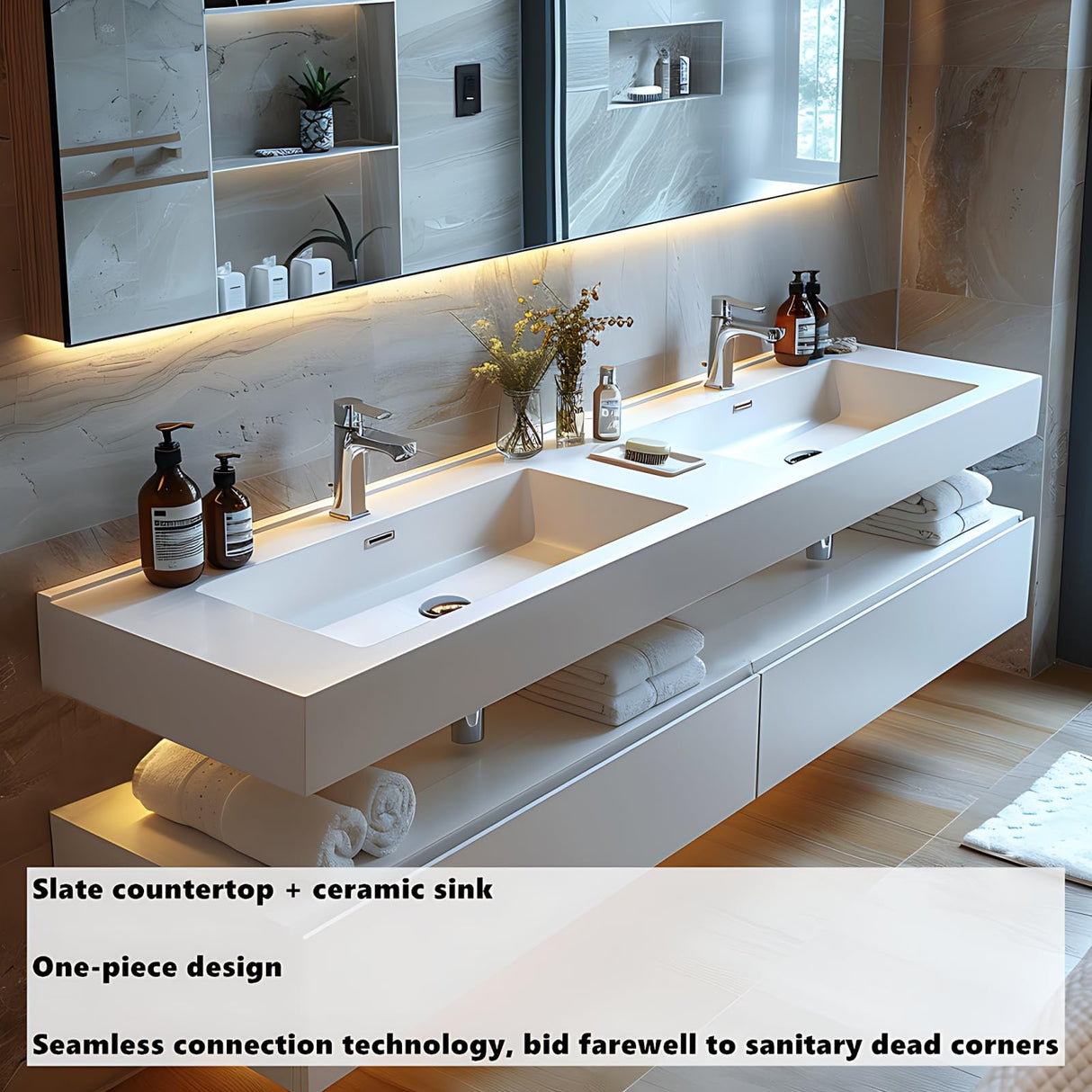 ZGNBSD Bathroom Vanity with Sink - Double Sink Bathroom Vanity, Wall Mounted Bathroom Sink Cabinet & LED Smart Defogger Mirror Cabinet Combination, Floating Vanity (Single B, 60") ZGNBSD