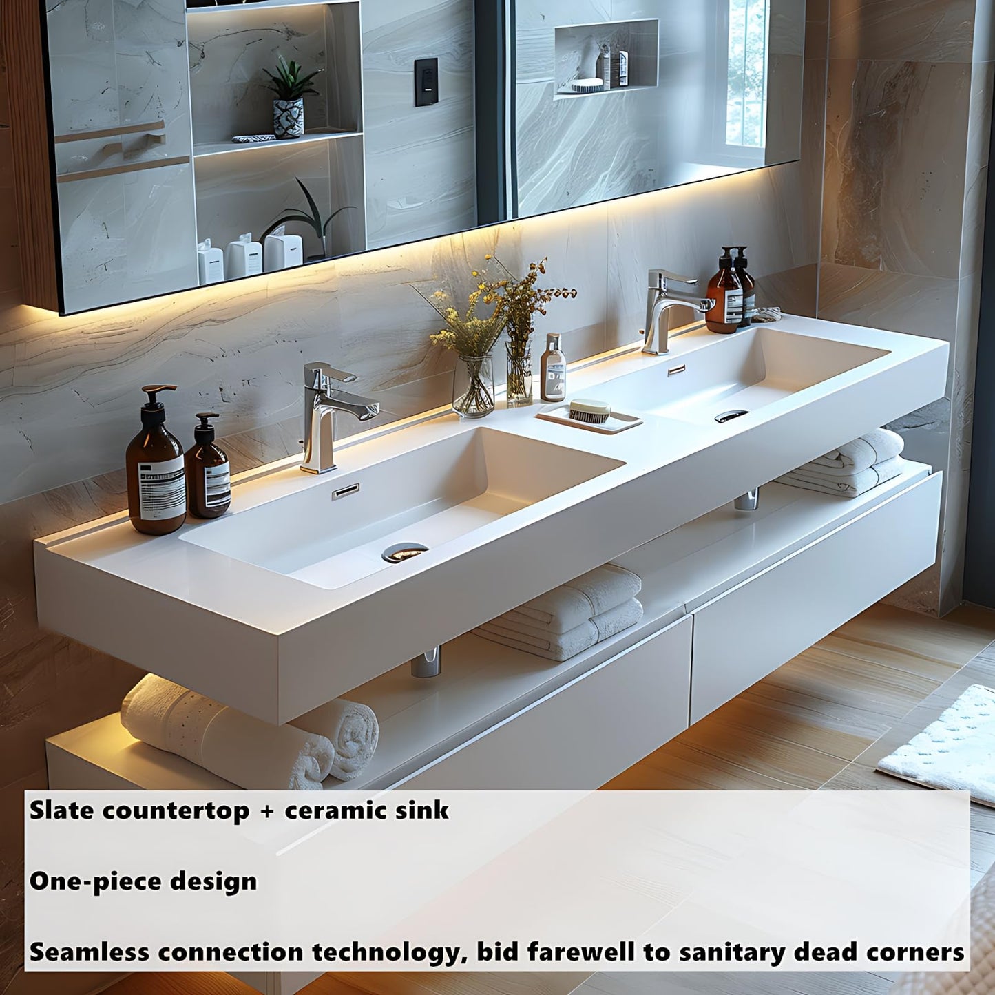 ZGNBSD Bathroom Vanity with Sink - Double Sink Bathroom Vanity, Wall Mounted Bathroom Sink Cabinet & LED Smart Defogger Mirror Cabinet Combination, Floating Vanity (Single B, 60")