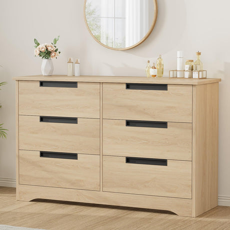 GarveeHome 6 Drawer Dresser for Bedroom, Natural Modern Double Dresser Organizer with Embedded Handles Design, Wooden Chest of Drawers for Living Room, Nursery, Hallway GarveeHome