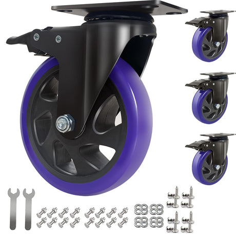 6 Inch Caster Wheels 3000lbs,Heavy Duty Casters Set of 4 with Brake, No Noise Polyurethane Swivel Caster Wheels for Cart,Furniture,Workbench(Free Screws & Spanners) Wieyunn