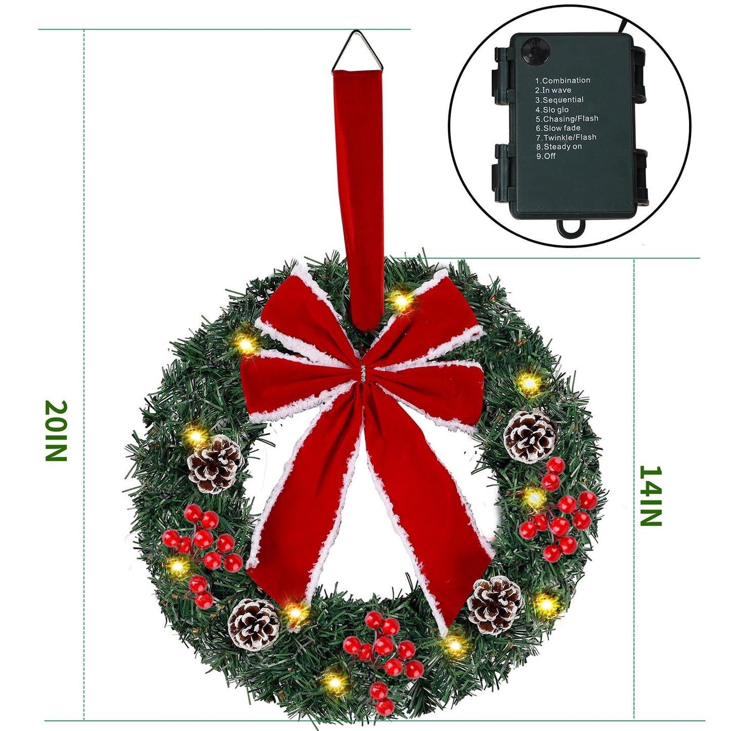 Hausse Set of 3 Christmas Wreaths, Lighted Artificial Christmas Wreath with LED Lights & Large Red Bow Ornaments, 8 Modes & Timer, Battery Operated for Front Door Gate Wall Xmas Party Decorations