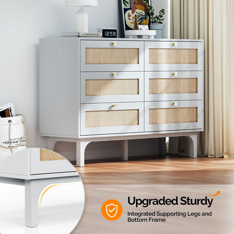 VINGLI Rattan Dresser, 6 Drawer Dresser for Bedroom, Modern Dresser with Gold Handles, Long Dresser with Large Drawers, Boho Dresser TV Stand, Wood Chest of Drawers for Kids Room, Living Room (White) VINGLI