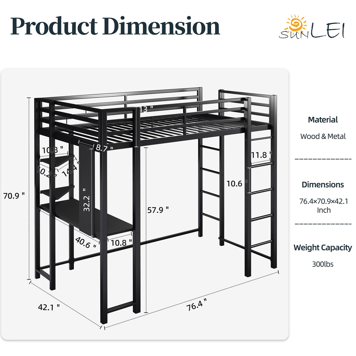 SUNLEI Loft Bed with Desk, Metal Loft Bed Twin Size with 2 Built-in Ladders, with Safety Guard,Space-Saving Bed Frame, Noise Free for Small Bedroom, Black (Twin Size) SUNLEI
