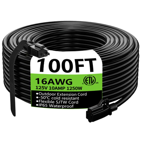 HUANCHAIN Indoor Outdoor Black Extension Cord 100 ft Waterproof, 16/3 Gauge Flexible Cold-Resistant Appliance Extension Cord Outside, 10A 1250W 16AWG SJTW, 3 Prong Heavy Duty Electric Cord, ETL huanchain
