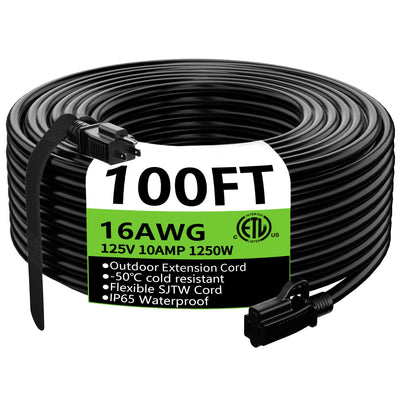 HUANCHAIN Indoor Outdoor Black Extension Cord 100 ft Waterproof, 16/3 Gauge Flexible Cold-Resistant Appliance Extension Cord Outside, 10A 1250W 16AWG SJTW, 3 Prong Heavy Duty Electric Cord, ETL