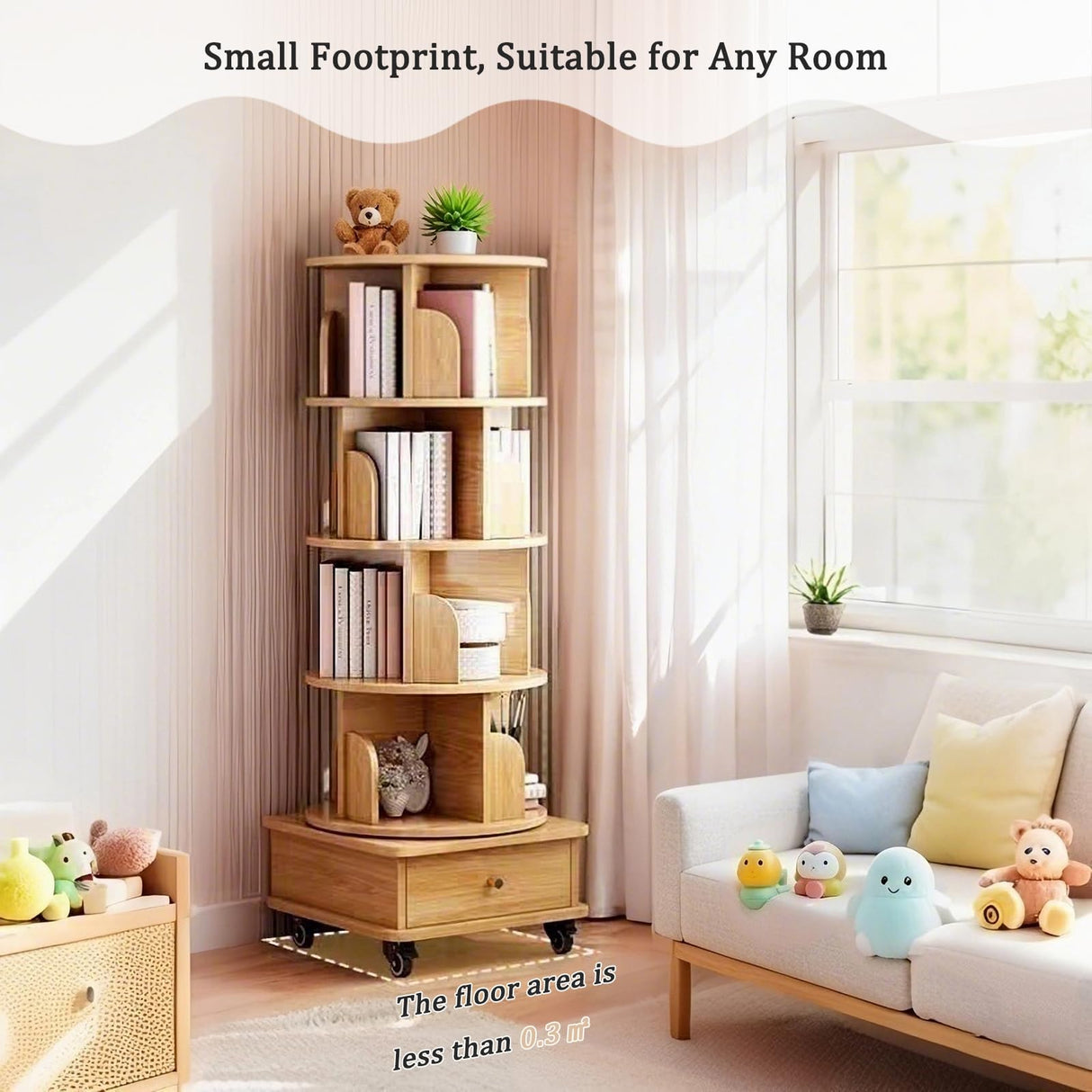 Merax 5 Tier Rotating Bookshelf, 360°Display Round Spinning Bookcase with Wheels, Small Space Book Case Tower for Bedroom Living Room Home Office,Wood Color Merax