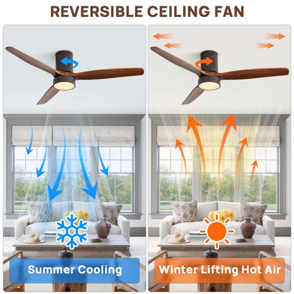 Sofucor 52 inch Low Profile Ceiling Fan with Light, Solid Wood Ceiling Fan with Light and Remote, 3-Color 6-Speed Noiseless Reversible DC Motor with Timer for Bedroom & Living Room