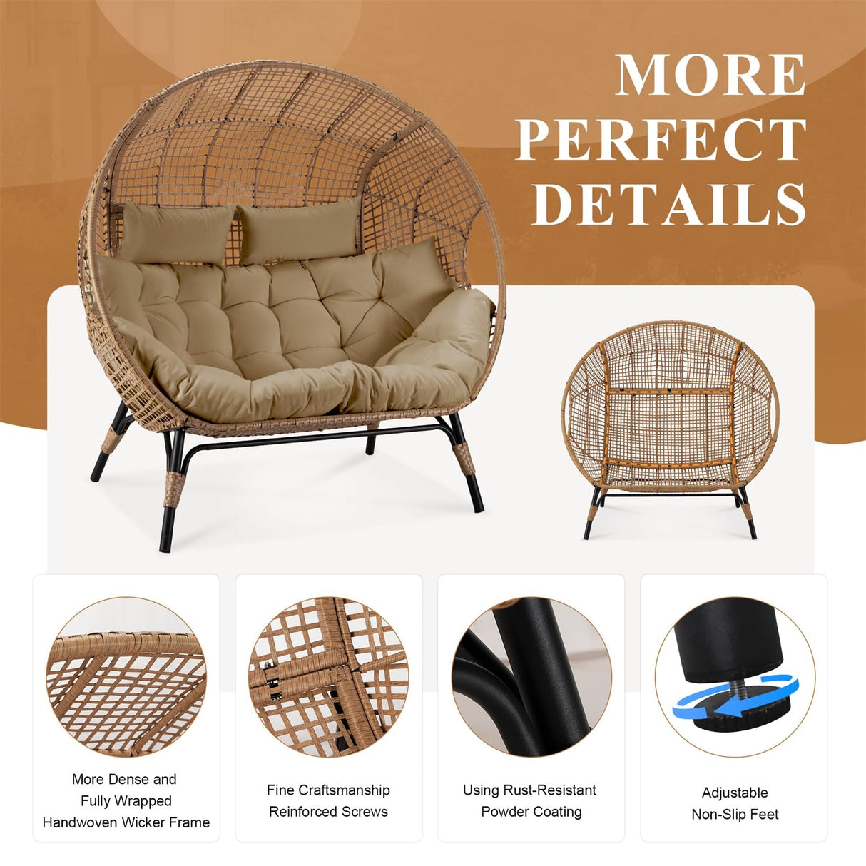 FINCATI Indoor Outdoor Double Egg Chair, 2 Person Oversized Wicker Rattan Stationary Lounge Chair with Legs, 680 lbs Loveseat Boho Egg Basket Chairs for Patio Garden Backyard Living Room Brown FINCATI