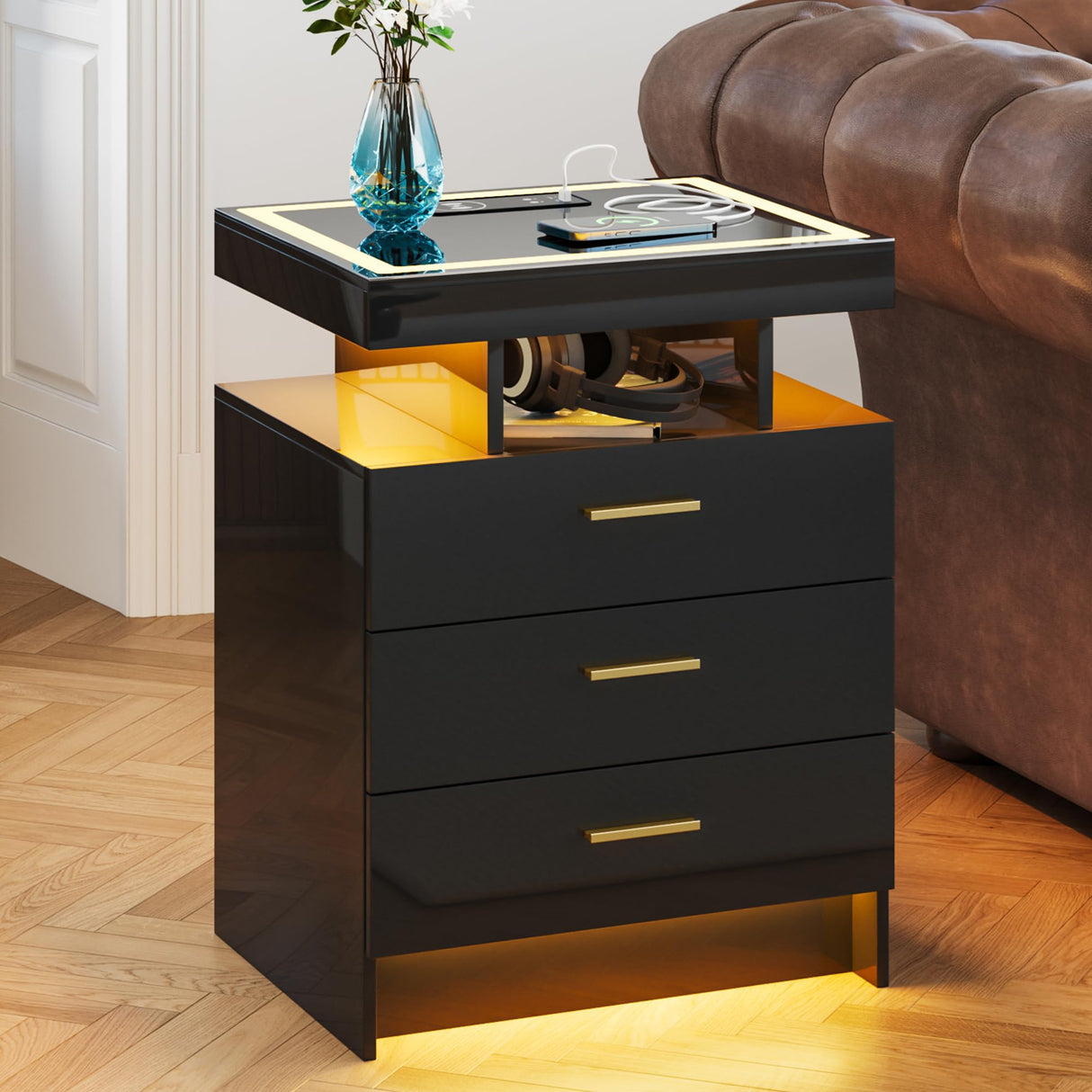 Lvifur 2 Set Nightstands with Wireless Charging Station, Auto Sensor 3 Color Dimmable LED Night Stand, Modern Bedside Table with 3 Drawers & 3 Open Compartments (2 x Black) Lvifur