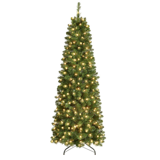 SHareconn 7.5ft Prelit Artificial Hinged Slim Pencil Christmas Tree with Warm White Lights, Full Branch Tips, Perfect Choice Decoration for Xmas Holiday, 7.5 FT, Green