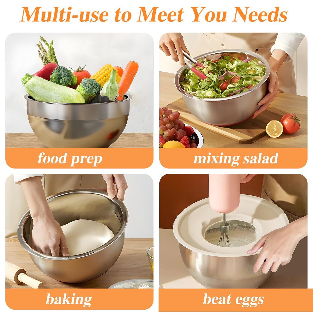 Winproper Mixing Bowls with Lids Set, 6 PCS Stainless Steel Mixing Bowls with 3 Grater Attachments, Kitchen Food Storage Organizers Nesting Mixing Bowl, Large Size 4.5, 3.5, 2.1, 1.5, 1.1, 0.7QT Winproper