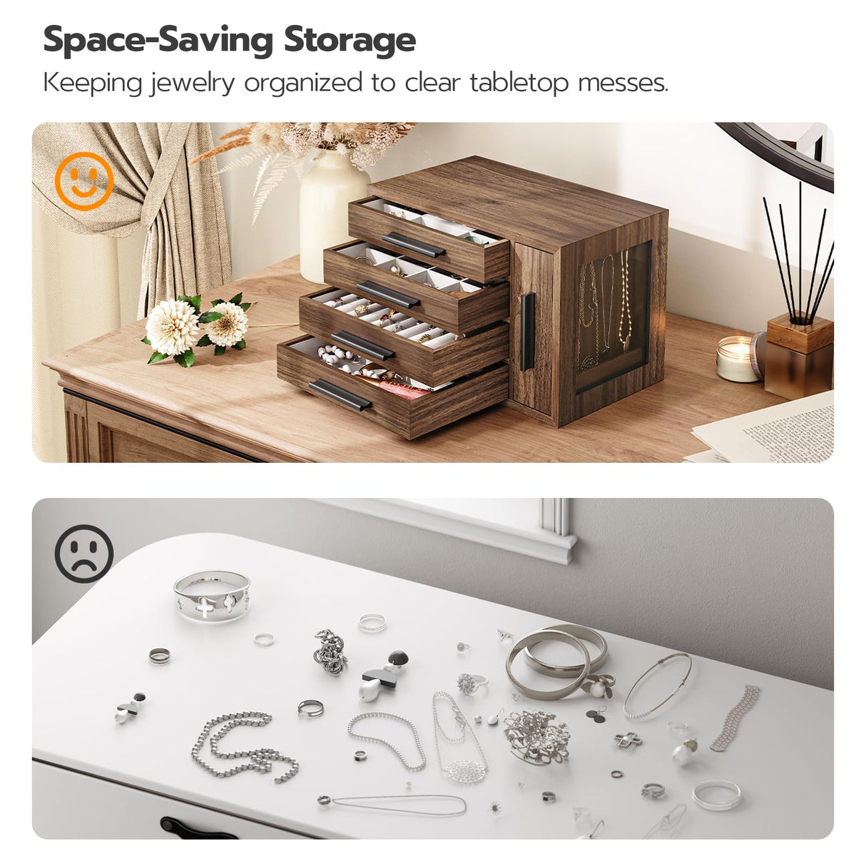 HOOBRO Jewelry Box for Women, Wooden Jewelry Organizer with Transparent Window, 4-Layer Jewelry Organizer Box, Jewelry Holder Organizer for Earrings, Necklaces, Rings, Walnut and Black BH09JB04 HOOBRO