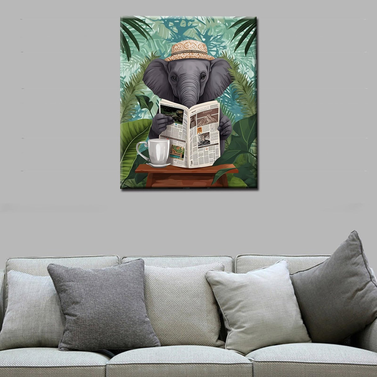 Funny Bathroom Paint By Bumbers for Adults Elephant Read Newspaper DIY Paint by Numbers Acrylic Paint Canvas Kitchen Decor Green Leaves Painting Kits Elephant on Toilet Art 20x16 Inch （Without Frame ） Tucocoo