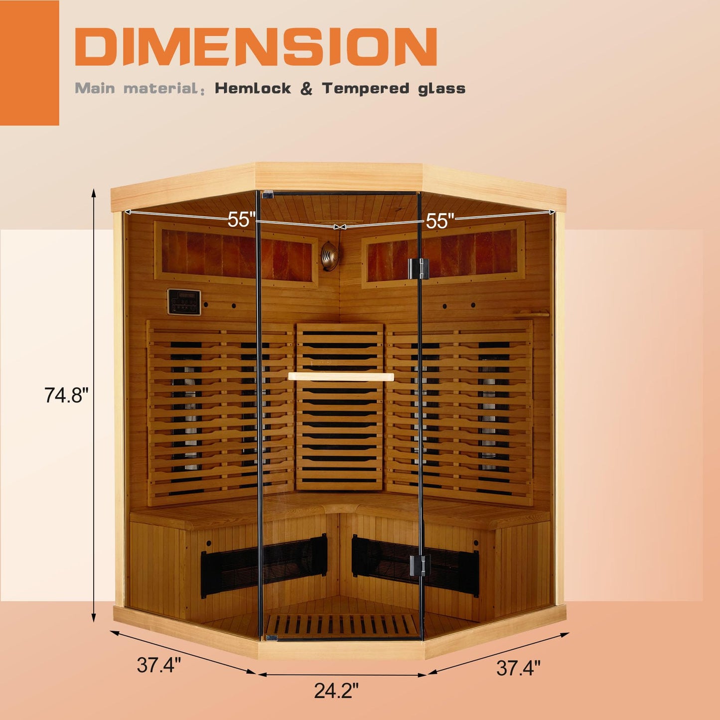 BNEHS Infrared Saunas, 2-3 Person Home Sauna with Himalayan Salt Panel & Rapid Warming System &, Original Corner Sauna with Canadian Hemlock & Tempered Glass, 220V, 15 Amps - WoodArtSupply