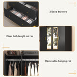 4 Doors Armoire Wardrobe Closet with Mirror, LED Armoire with Doors and Drawers, Wooden Wardrobe Storage Cabinet with Hanging Rod, Adjustable Shelves, Black chartustriable