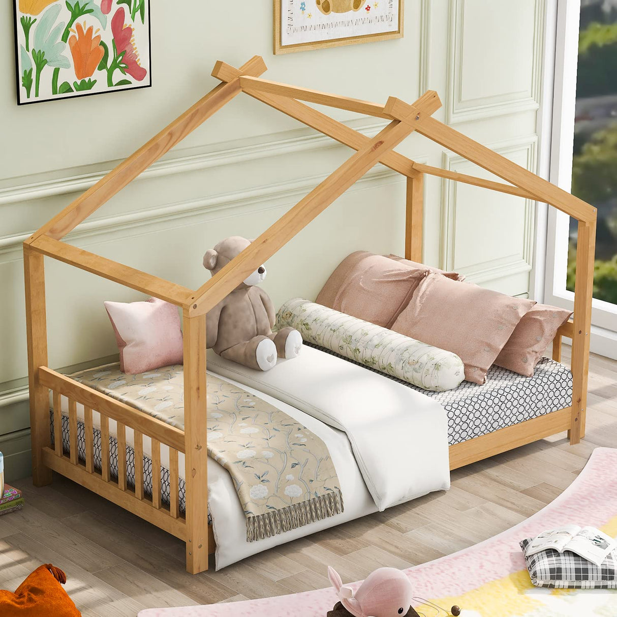 Twin House Bed with Headboard and Footboard – Natural Wooden Floor Bed for Toddlers and Teens Bellemave