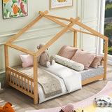 Twin House Bed with Headboard and Footboard – Natural Wooden Floor Bed for Toddlers and Teens Bellemave