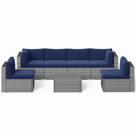 SUNVIVI OUTDOOR 7 Piece Patio Furniture Sets All Weather Grey PE Wicker Couch Sofa with Glass Table, Removable Navy Blue Cushions SUNVIVI OUTDOOR