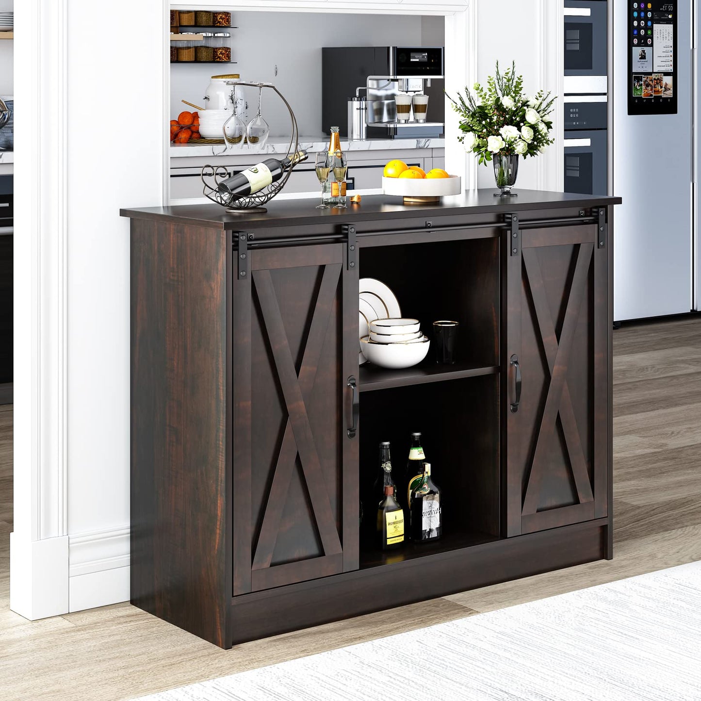 4 EVER WINNER Coffee Bar Cabinet with Storage, 42” Sideboard Buffet Cabinet with Sliding Barn Doors, Farmhouse Coffee Bar Station Table Liquor Wine Bar Cabinet with Shelves for Kitchen, Espresso