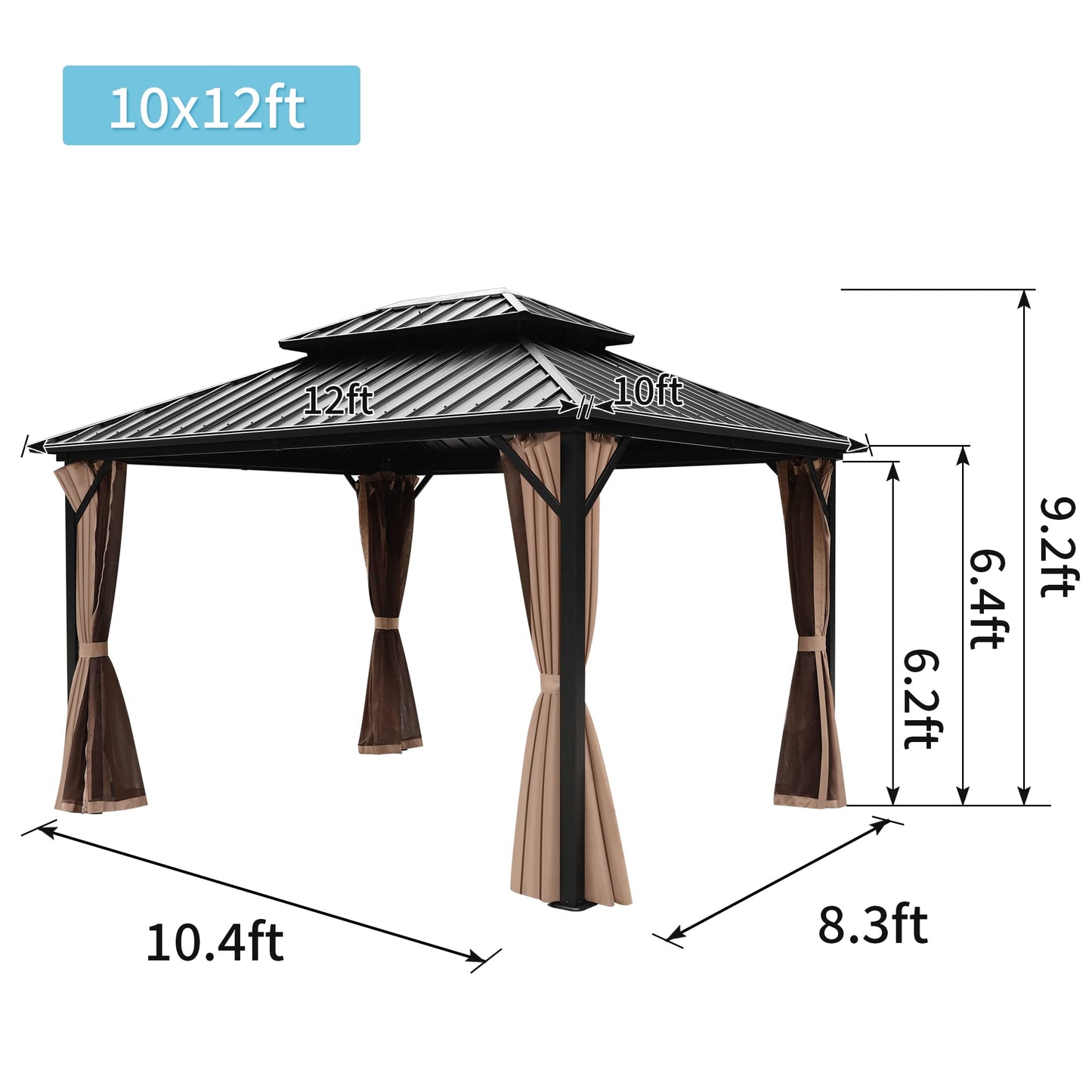 Raysfung 10 X 12ft Hardtop Gazebo, Galvanized Steel Double Roof Gazebo with Nettings and Curtains, Outdoor Aluminum FrameVertical Stripes Roof Permanent Pavilion for Patio, Backyard, Lawns