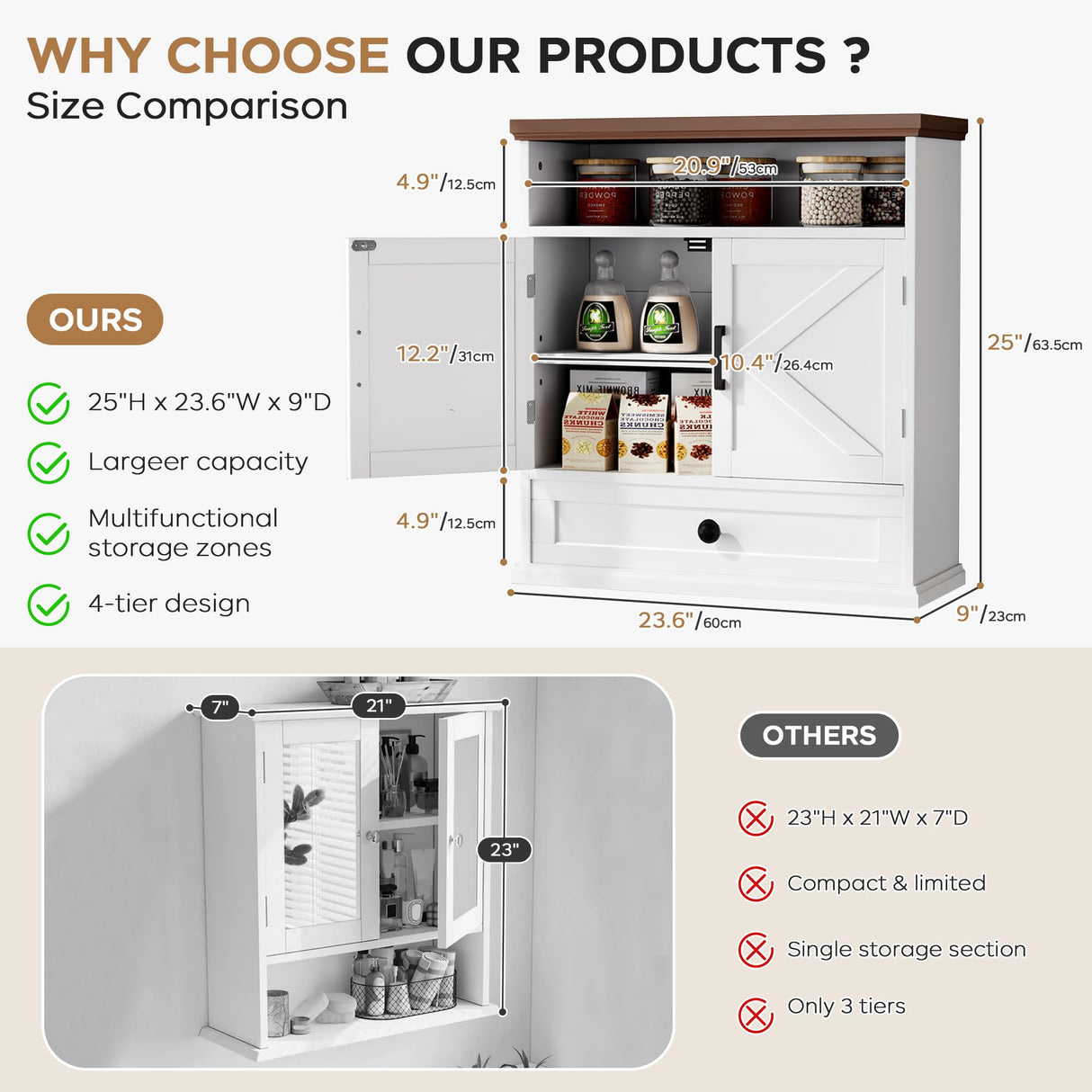 Bathroom Wall Cabinet, Farmhouse Wall Mounted Medicine Cabinet with Drawer, Barn Doors and Adjustable Shelf, 25"H x 23.6"W x 9"D White Over Toilet Storage Cabinet for Kitchen, Laundry Room, Entryway Viroformo