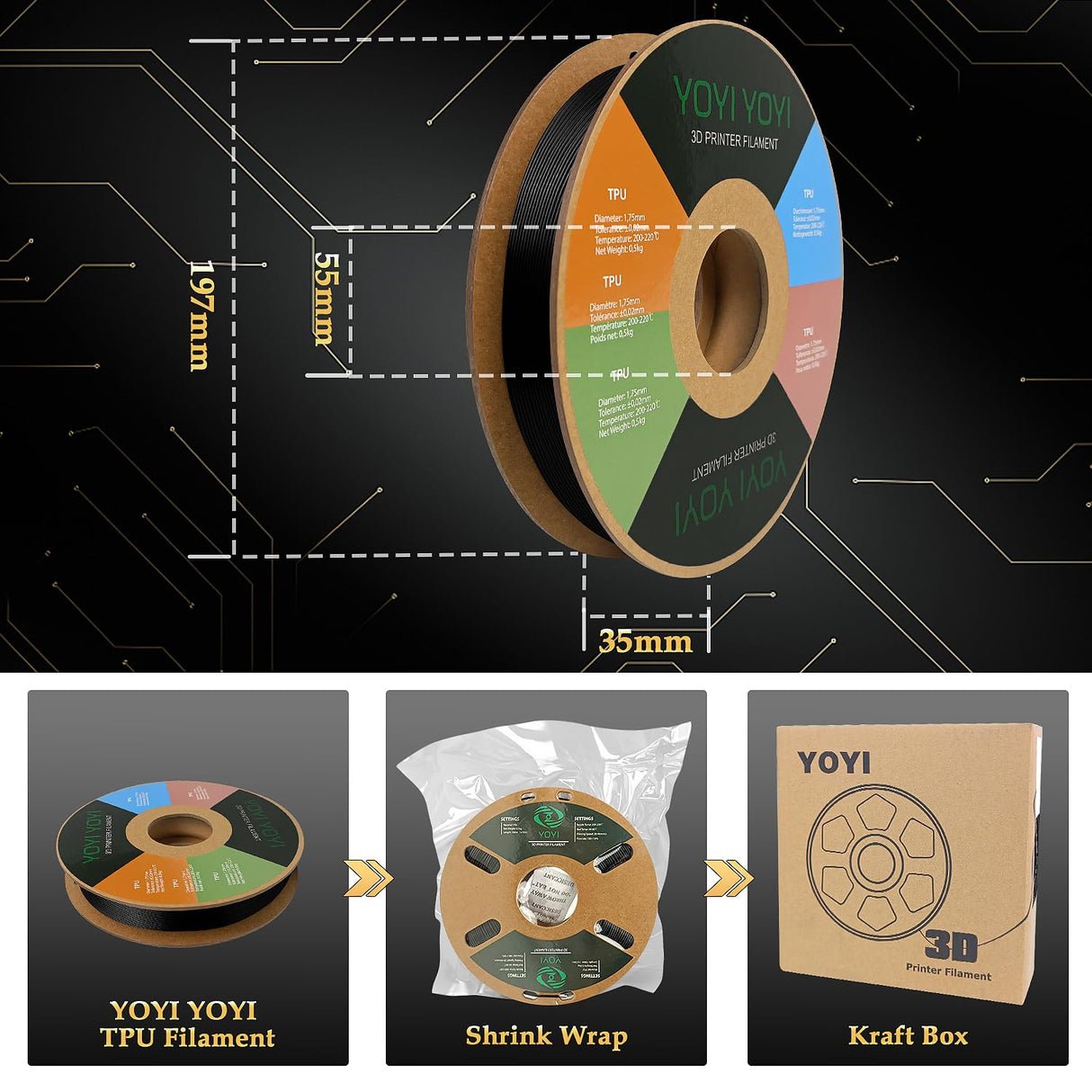YOYI YOYI 3D Printer Filament, 95A TPU Filament 1.75mm, Flexible Filament, 0.5KG Spool,Dimensional Accuracy +/- 0.03 mm, Soft TPU Filaments of High Elasticity (Black) YOYI YOYI
