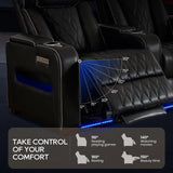 CALIVIA Luxury Home Theater Seating – Power Recliner with Adjustable Headrests, Blue LED Ambient Lighting, Tray Table, USB & Type-C Charging (Black, 3 Seat) CALIVIA