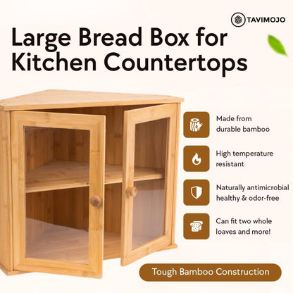 TAVIMOJO Corner Bread Box for Kitchen Countertop - Wooden Bamboo Breadbox Storage Container for Homemade Bread & Sourdough - Airtight Bread Holder Saver for Counter Shelf (Large, Double Layer - WoodArtSupply